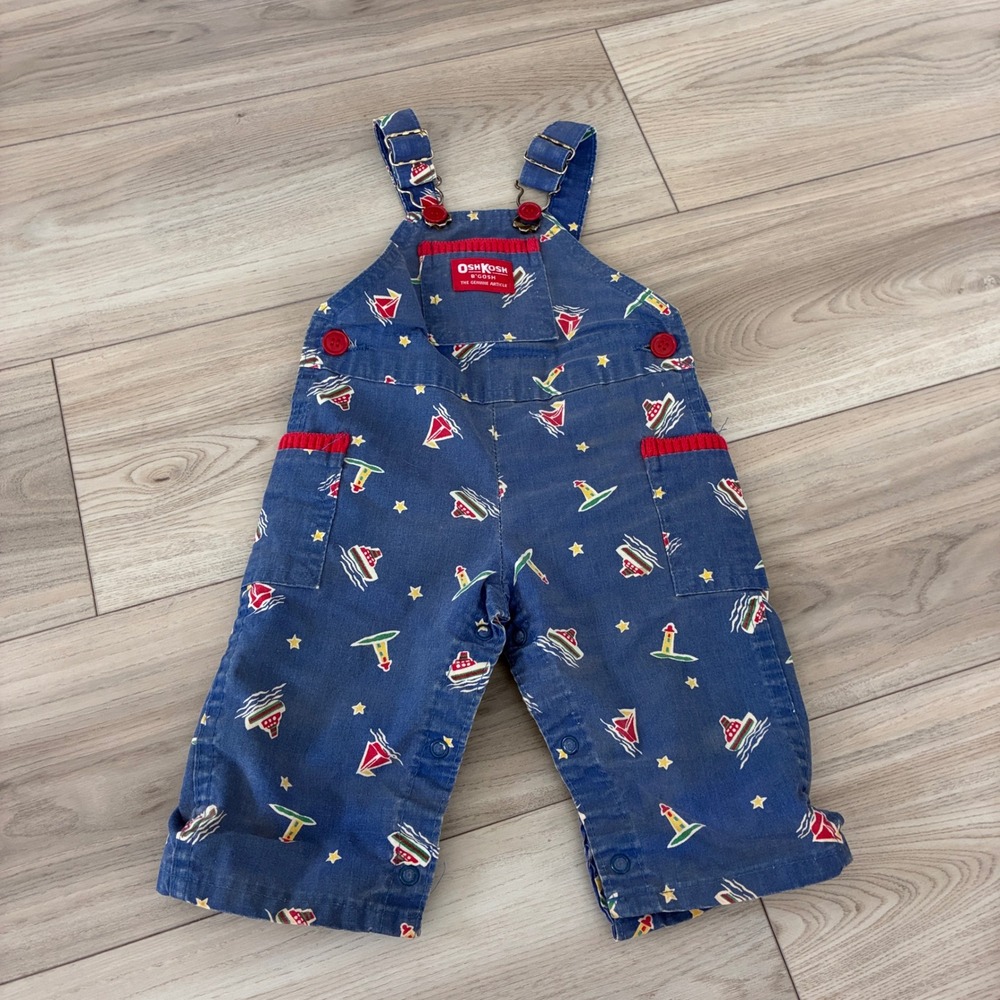 Vintage OshKosh Bgosh Vestbak Overalls 6/9M Nautical Sailboat Blue Made in USA